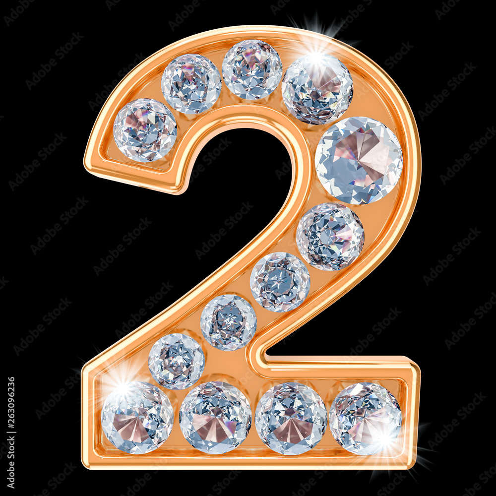 Poster golden number 2 with diamonds. 3d rendering