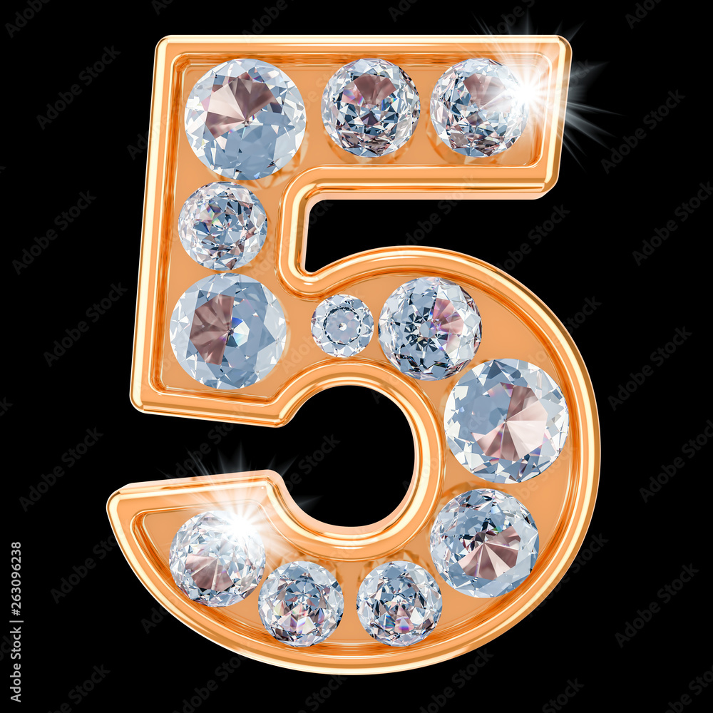 Poster golden number 5 with diamonds. 3d rendering