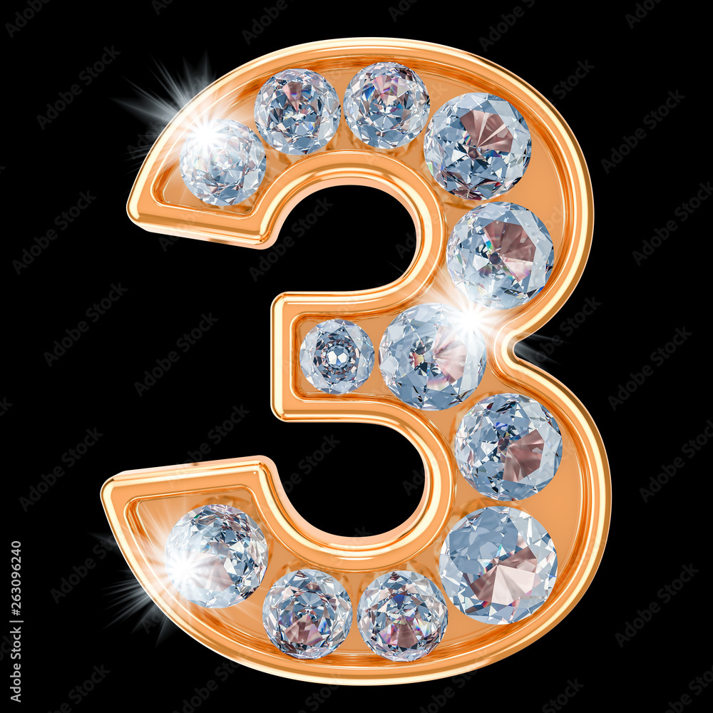 Poster golden number 3 with diamonds. 3d rendering