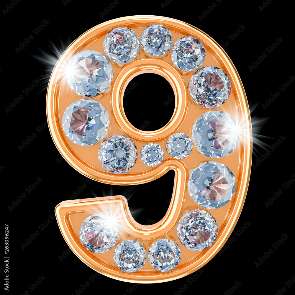 Poster golden number 9 with diamonds. 3d rendering