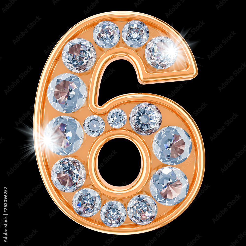 Poster golden number 6 with diamonds. 3d rendering
