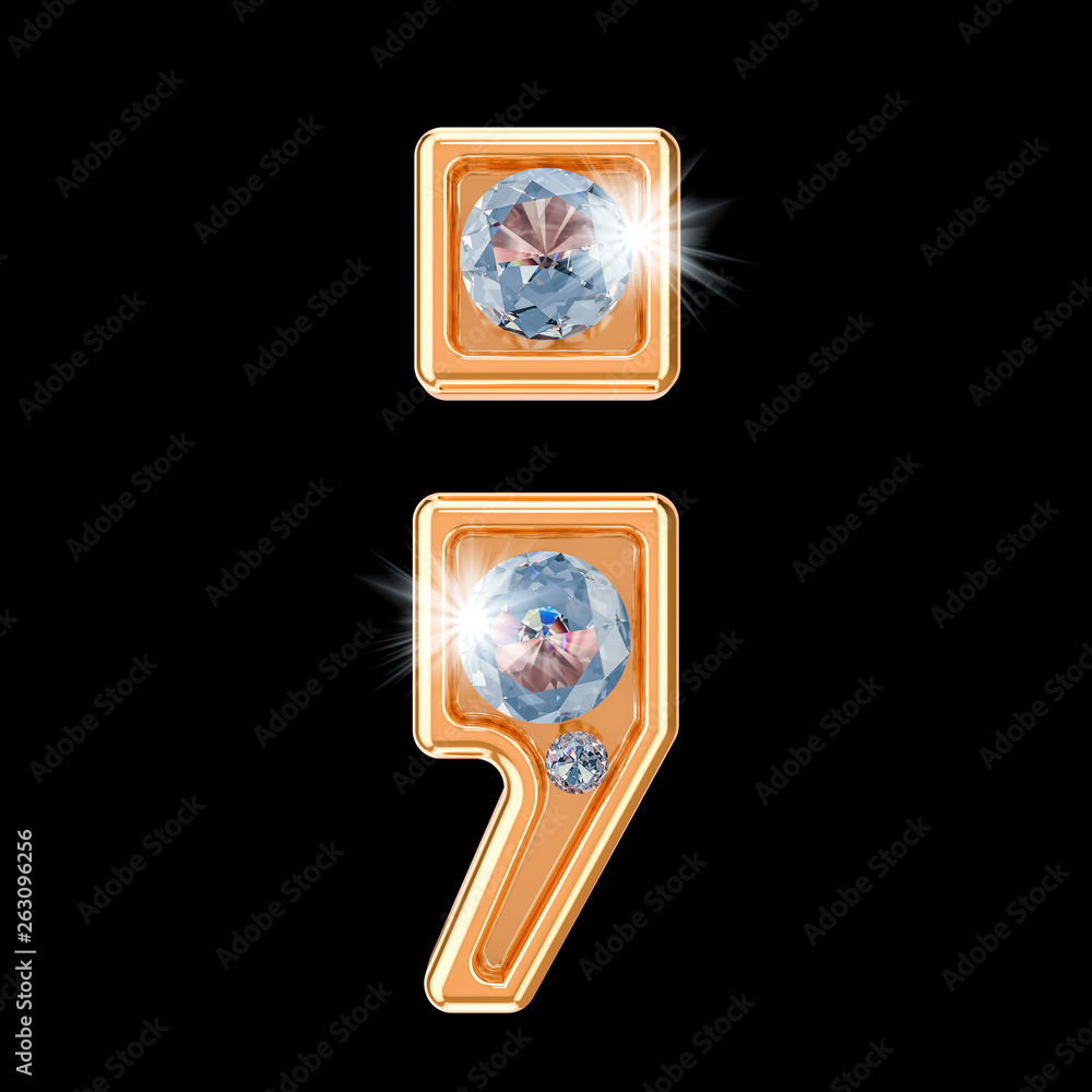 Poster punctuation marks from gold with diamonds. 3d rendering