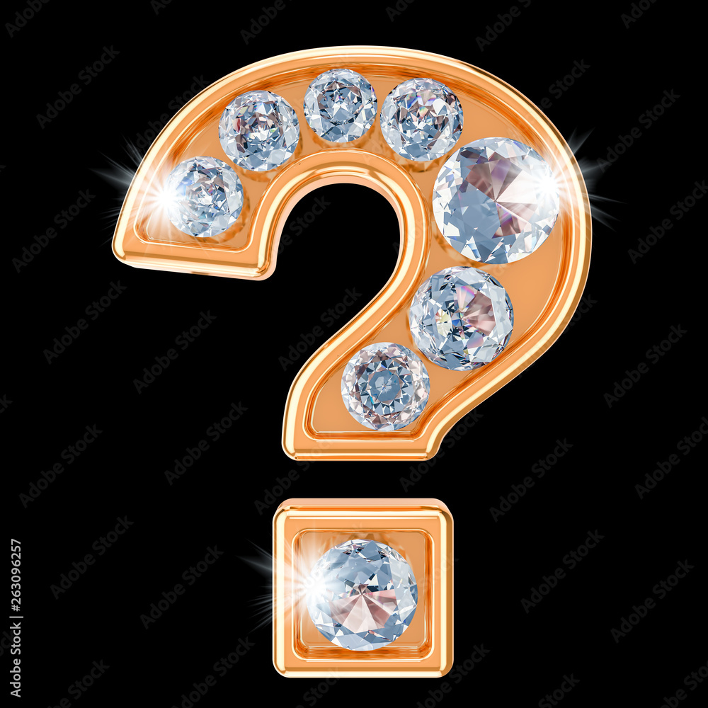 Poster golden question mark with diamonds. 3d rendering
