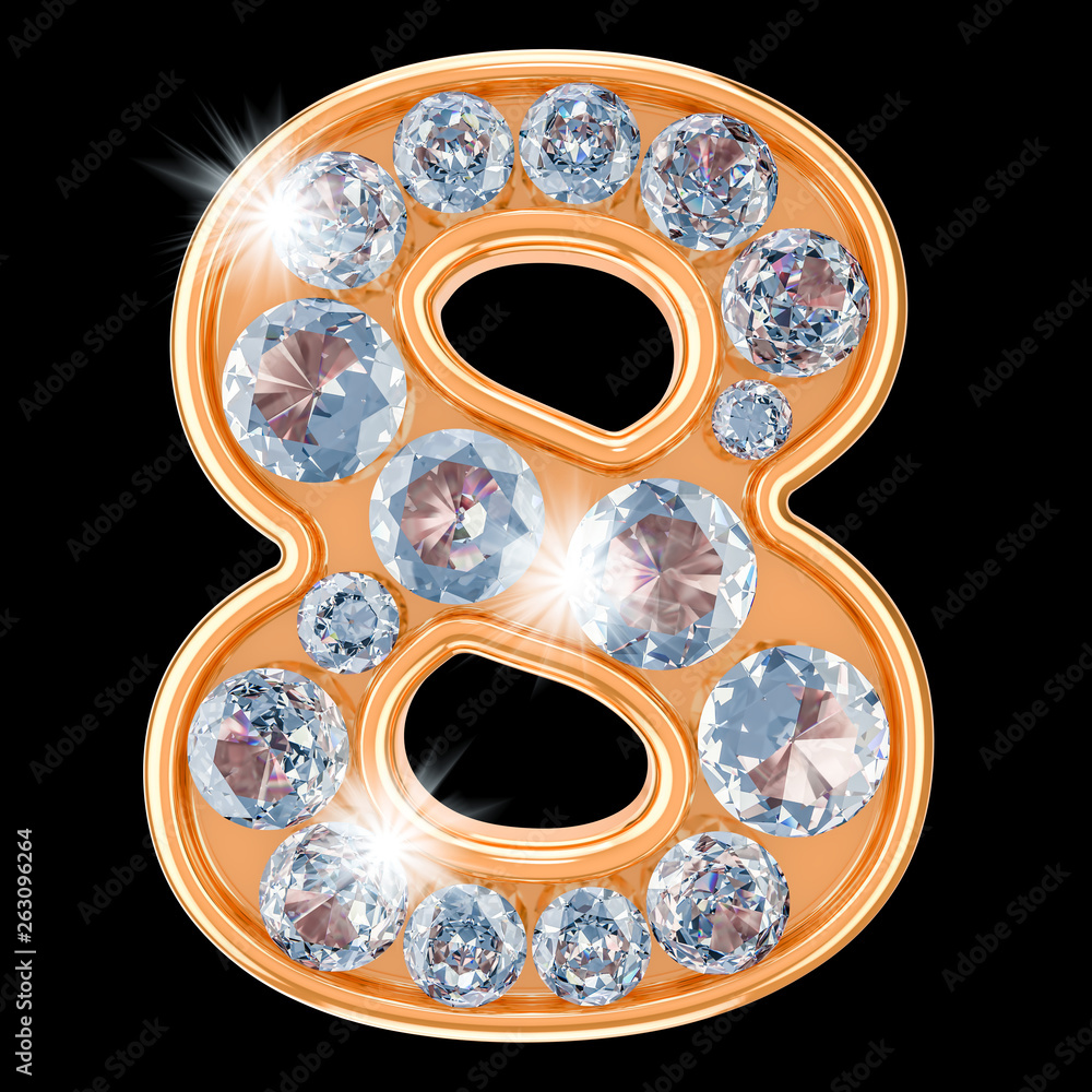 Poster golden number 8 with diamonds. 3d rendering