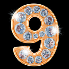 Golden number 9 with diamonds. 3D rendering