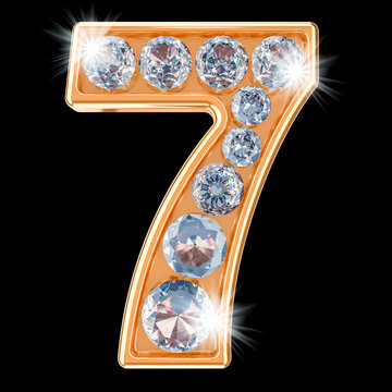 Golden number 7 with diamonds. 3D rendering