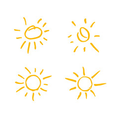 Hand Drawn Solar Symbols Line Art. Four painted suns. Vector set of solar symbols.