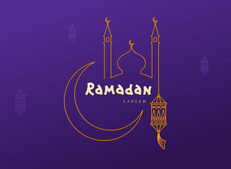 Ramadan Kareem purple background with moon, lantern, mosque. Arabic Islamic Ramadan mubarak greeting card, invitation for muslim community. Kadir Gecesi line style vector illustration