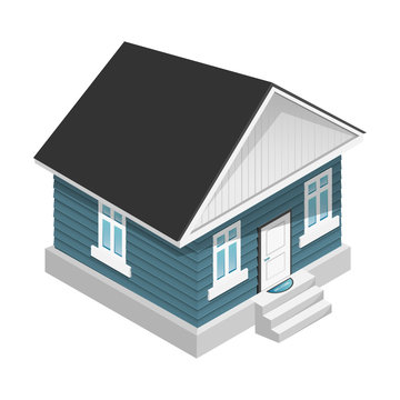 Isometric style house. Vector image of a cottage with gray or blue siding, with a dark roof and light windows.
