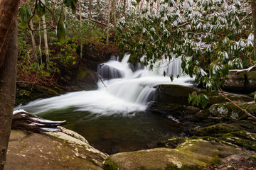 Winter scenery of cascading waterfall in Great Smoky Mountains National Park