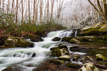 Winter scenery of cascading waterfall in Great Smoky Mountains National Park