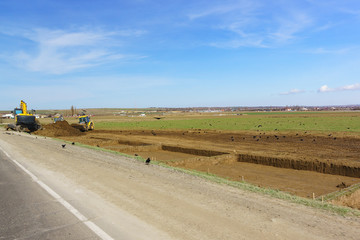 Obraz premium Excavation and marking of sites for archaeological research areas before the construction of the road to the Crimean bridge on the Taman Peninsula