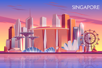 Singapore evening, morning skyline with futuristic skyscraper buildings on city bay illuminated with setting, raising sun cartoon vector background. Asian metropolis touristic attractions illustration