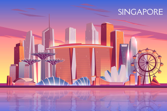 Singapore Evening, Morning Skyline With Futuristic Skyscraper Buildings On City Bay Illuminated With Setting, Raising Sun Cartoon Vector Background. Asian Metropolis Touristic Attractions Illustration