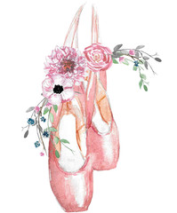 Watercolor illustration of pointe shoes with a floral arrangement