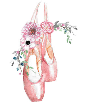 Fototapeta Watercolor illustration of pointe shoes with a floral arrangement