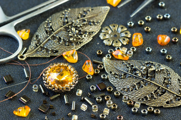 Tools,  beads amber, accessories for making jewelry. Needlework.