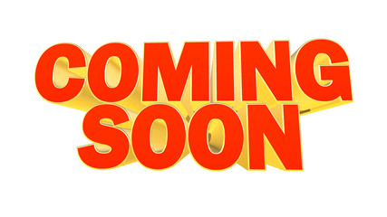 3D coming soon text on white background. 3D rendering.