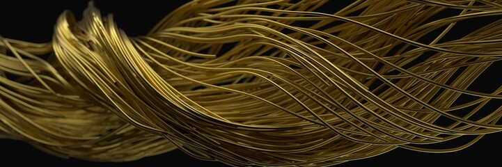 twisting golden wires. flowing metal rods on air. 3d illustration
