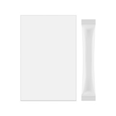 Stick sachet and packaging box mockup isolated on white background - front view. Vector illustration