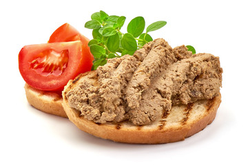Toasted bread with homemade liver pate, sandwich, close-up, isolated on white background