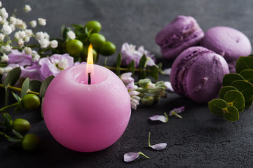 Purple macarons and flowers