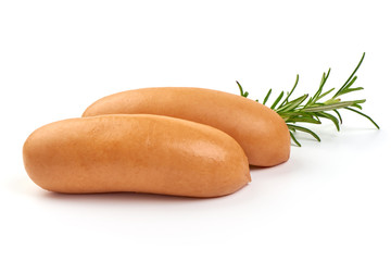 Tasty boiled sausages with rosemary, close-up, isolated on white background