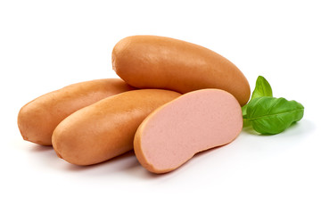Fresh pork Boiled sausages with basil, close-up, isolated on white background