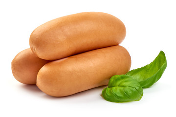 Fresh pork Boiled sausages with basil, close-up, isolated on white background