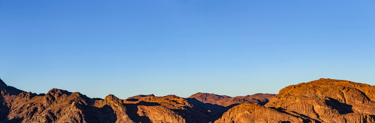 Egypt. Mount Sinai in the morning at sunrise. (Mount Horeb, Gabal Musa, Moses Mount). Pilgrimage place and famous touristic destination.