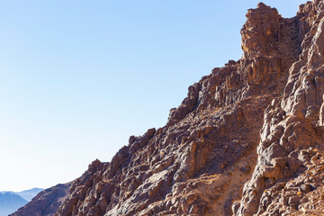 Egypt. Mount Sinai in the morning at sunrise. (Mount Horeb, Gabal Musa, Moses Mount). Pilgrimage place and famous touristic destination.