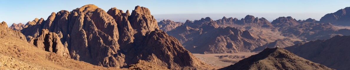 Fototapeta premium Egypt. Mount Sinai in the morning at sunrise. (Mount Horeb, Gabal Musa, Moses Mount). Pilgrimage place and famous touristic destination.