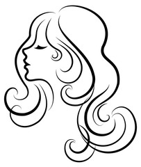 Silhouette of a head of a sweet lady. A girl shows a hairstyle of a woman on medium and long hair. Suitable for logo, advertising. Vector illustration.