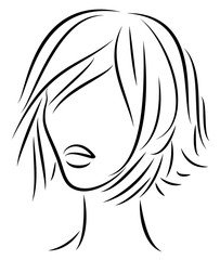 Silhouette of a head of a sweet lady. A girl shows a hairstyle of a woman on medium and long hair. Suitable for logo, advertising. Vector illustration.
