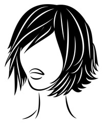 Silhouette of a head of a sweet lady. A girl shows a hairstyle of a woman on medium and long hair. Suitable for logo, advertising. Vector illustration.
