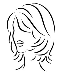 Silhouette of a head of a sweet lady. A girl shows a hairstyle of a woman on medium and long hair. Suitable for logo, advertising. Vector illustration.