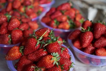 Fresh strawberry in a plastic bowl, close-up, top view, healthy detox food