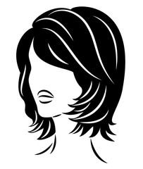 Silhouette of a head of a sweet lady. A girl shows a hairstyle of a woman on medium and long hair. Suitable for logo, advertising. Vector illustration.