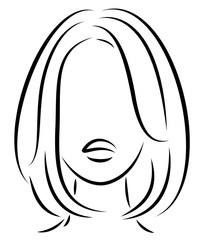 Silhouette of a head of a sweet lady. A girl shows a hairstyle of a woman on medium and long hair. Suitable for logo, advertising. Vector illustration.