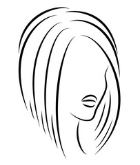Silhouette of a head of a sweet lady. A girl shows a hairstyle of a woman on medium and long hair. Suitable for logo, advertising. Vector illustration.