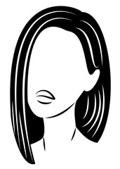 Silhouette of a head of a sweet lady. A girl shows a hairstyle of a woman on medium and long hair. Suitable for logo, advertising. Vector illustration.