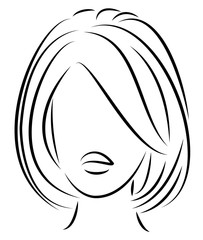 Silhouette of a head of a sweet lady. A girl shows a hairstyle of a woman on medium and long hair. Suitable for logo, advertising. Vector illustration.