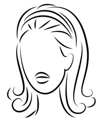 Silhouette of a head of a sweet lady. A girl shows a hairstyle of a woman on medium and long hair. Suitable for logo, advertising. Vector illustration.