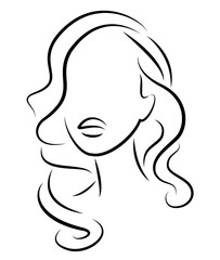 Silhouette of a head of a sweet lady. A girl shows a hairstyle of a woman on medium and long hair. Suitable for logo, advertising. Vector illustration.