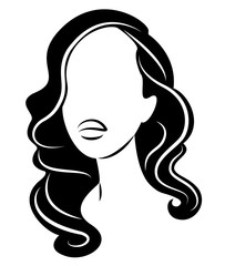 Silhouette of a head of a sweet lady. A girl shows a hairstyle of a woman on medium and long hair. Suitable for logo, advertising. Vector illustration.