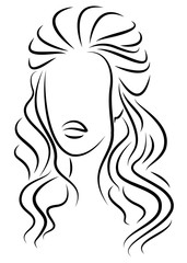 Silhouette of a head of a sweet lady. A girl shows a hairstyle of a woman on medium and long hair. Suitable for logo, advertising. Vector illustration.