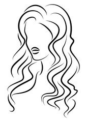 Silhouette of a head of a sweet lady. A girl shows a hairstyle of a woman on medium and long hair. Suitable for logo, advertising. Vector illustration.