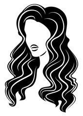 Silhouette of a head of a sweet lady. A girl shows a hairstyle of a woman on medium and long hair. Suitable for logo, advertising. Vector illustration.