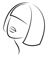 Silhouette of a head of a sweet lady. A girl shows a hairstyle of a woman on medium and long hair. Suitable for logo, advertising. Vector illustration.