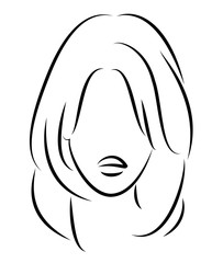 Silhouette of a head of a sweet lady. A girl shows a hairstyle of a woman on medium and long hair. Suitable for logo, advertising. Vector illustration.